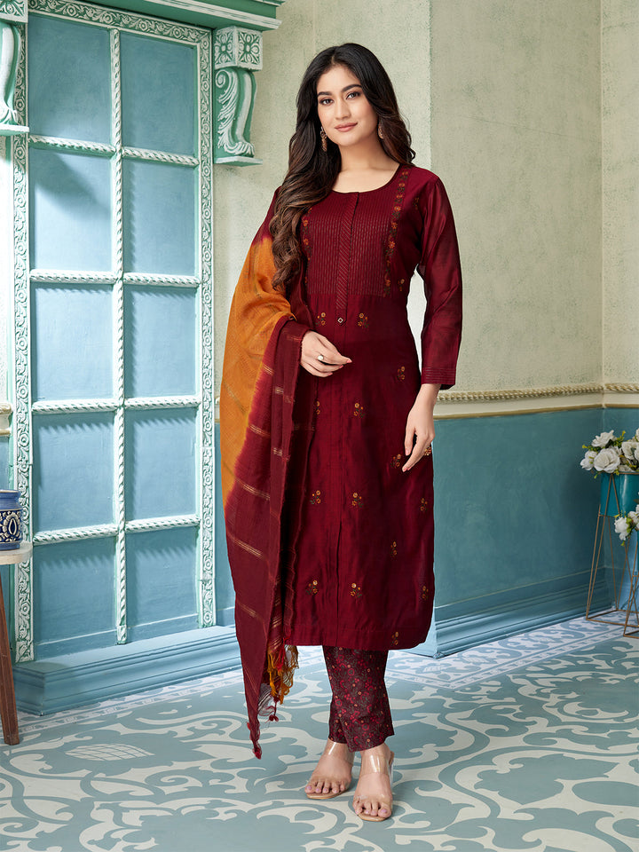 Maroon Chanderi Suit Set