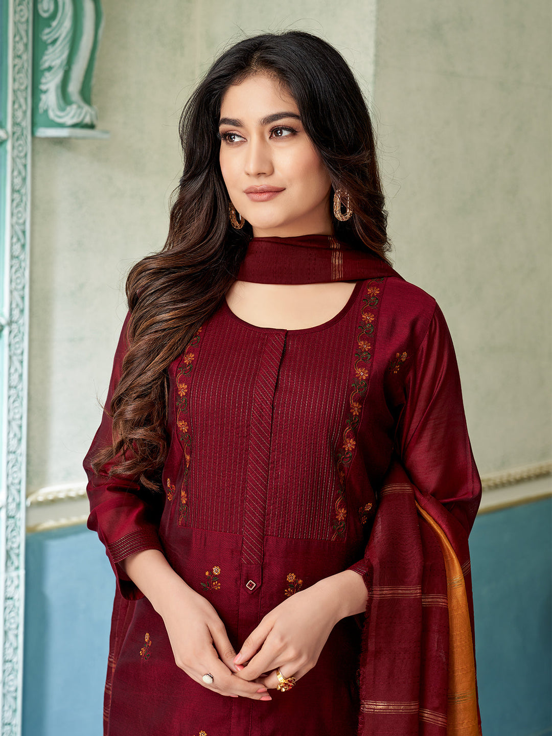 Maroon Chanderi Suit Set