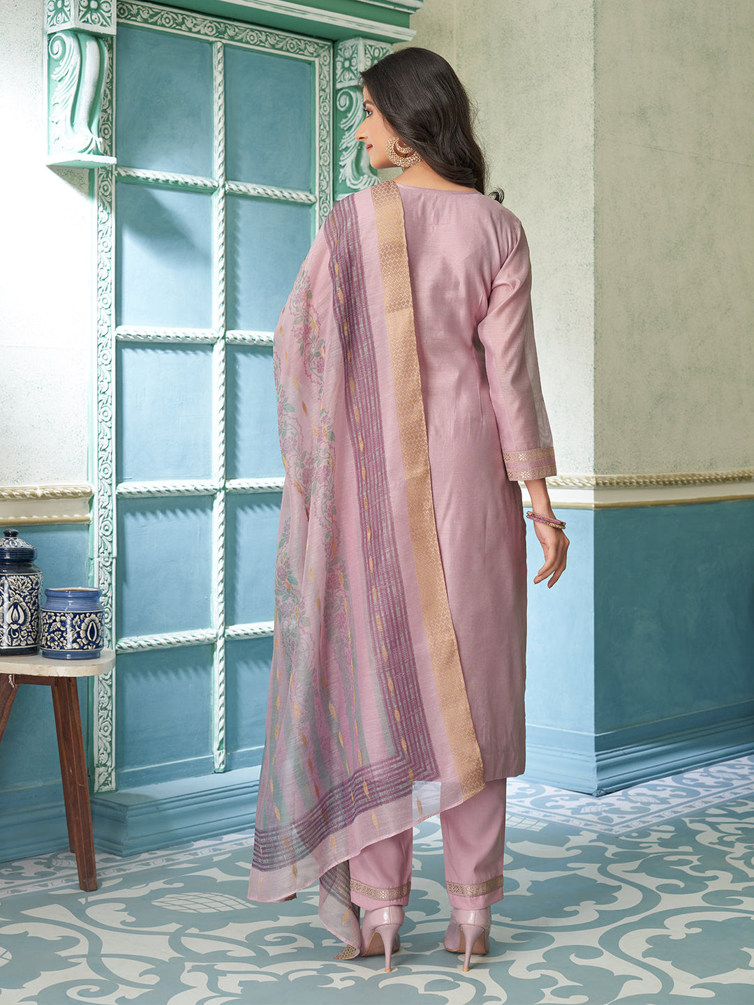 Onion Pink Chanderi Suit Set