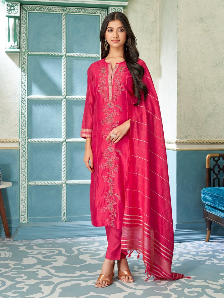 Cherry Red Chanderi Suit Set
