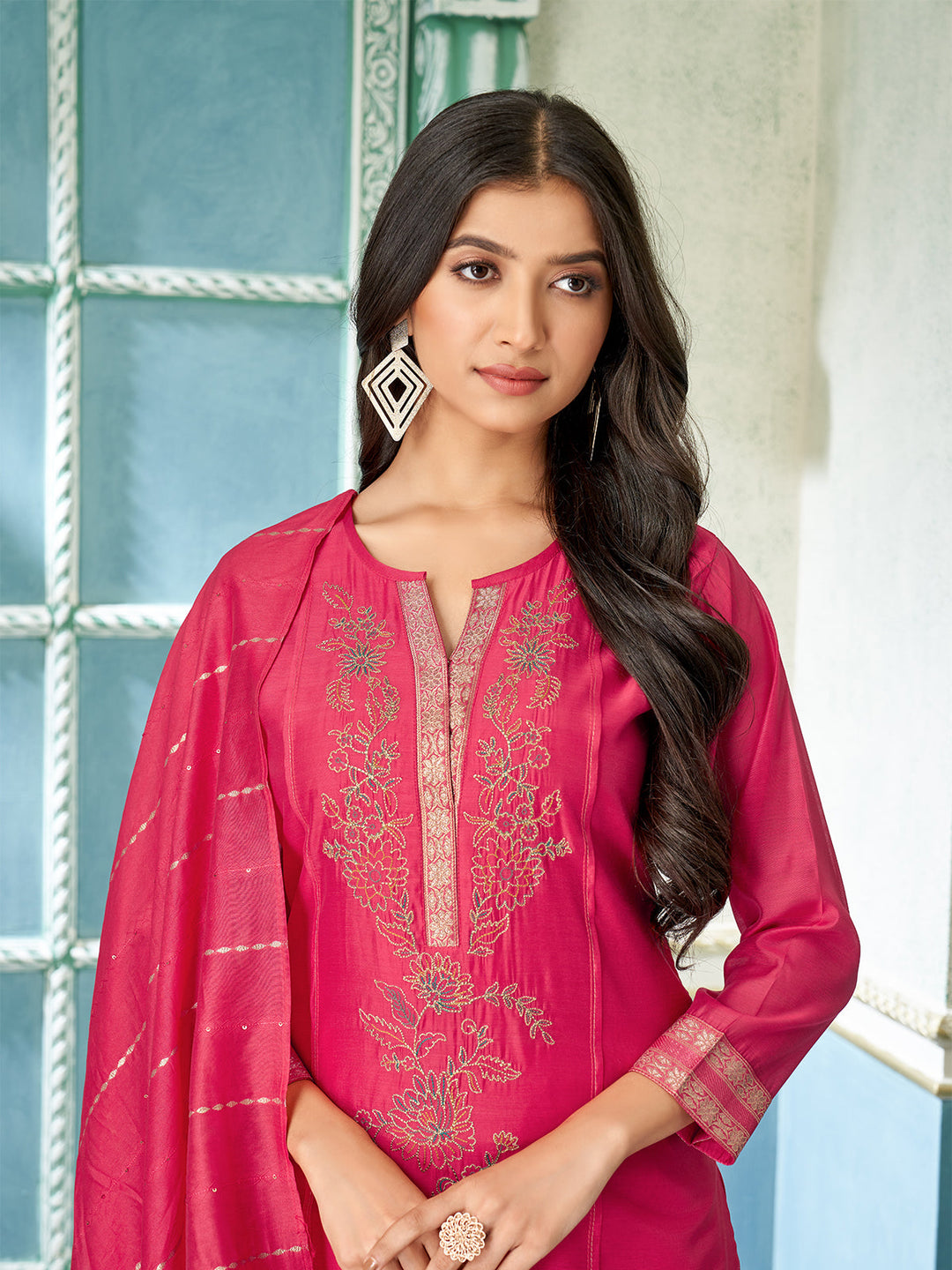 Cherry Red Chanderi Suit Set