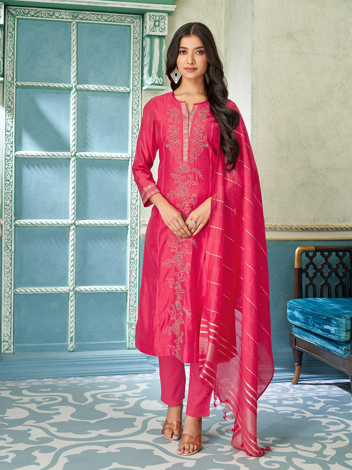 Cherry Red Chanderi Suit Set