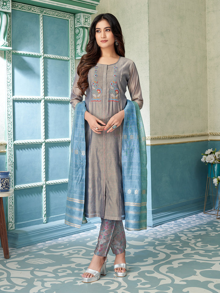 Grey Chanderi Suit Set