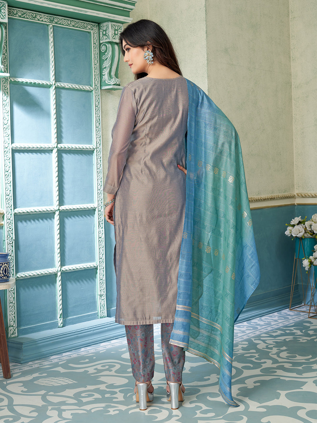 Grey Chanderi Suit Set