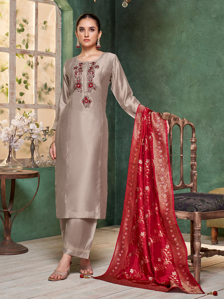 Grey Semi Silk Suit Set