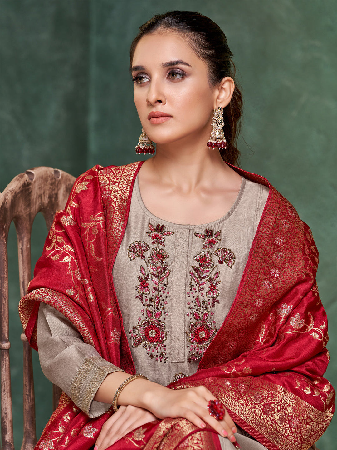 Grey Semi Silk Suit Set