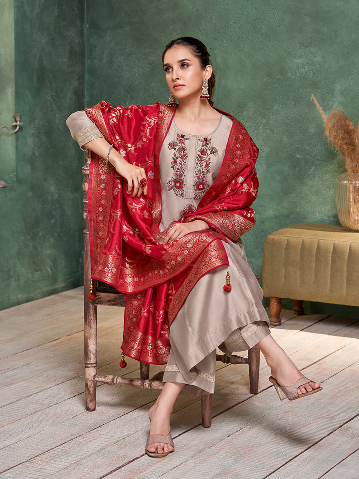 Grey Semi Silk Suit Set