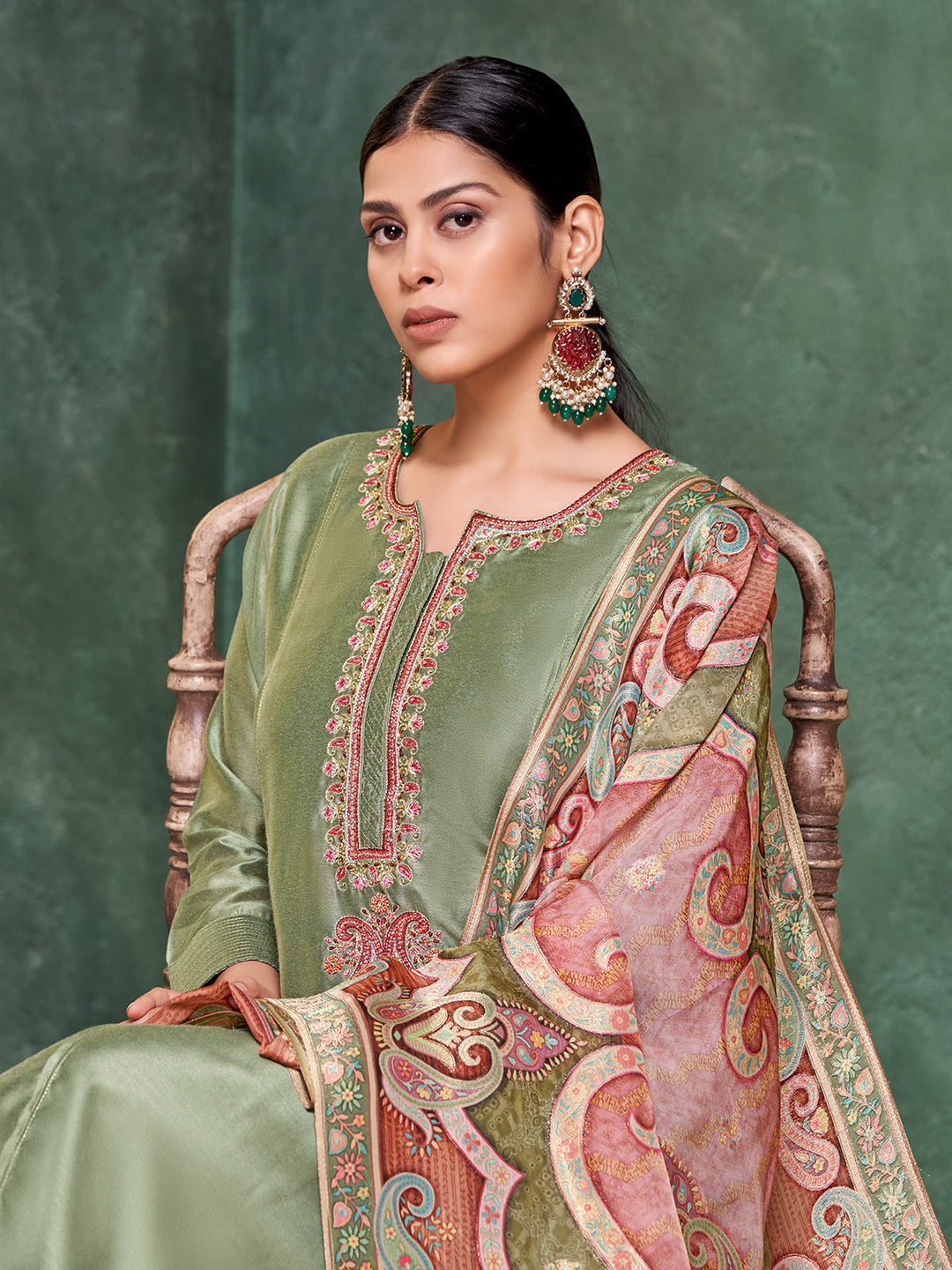 Sage Green Semi Silk Suit Set