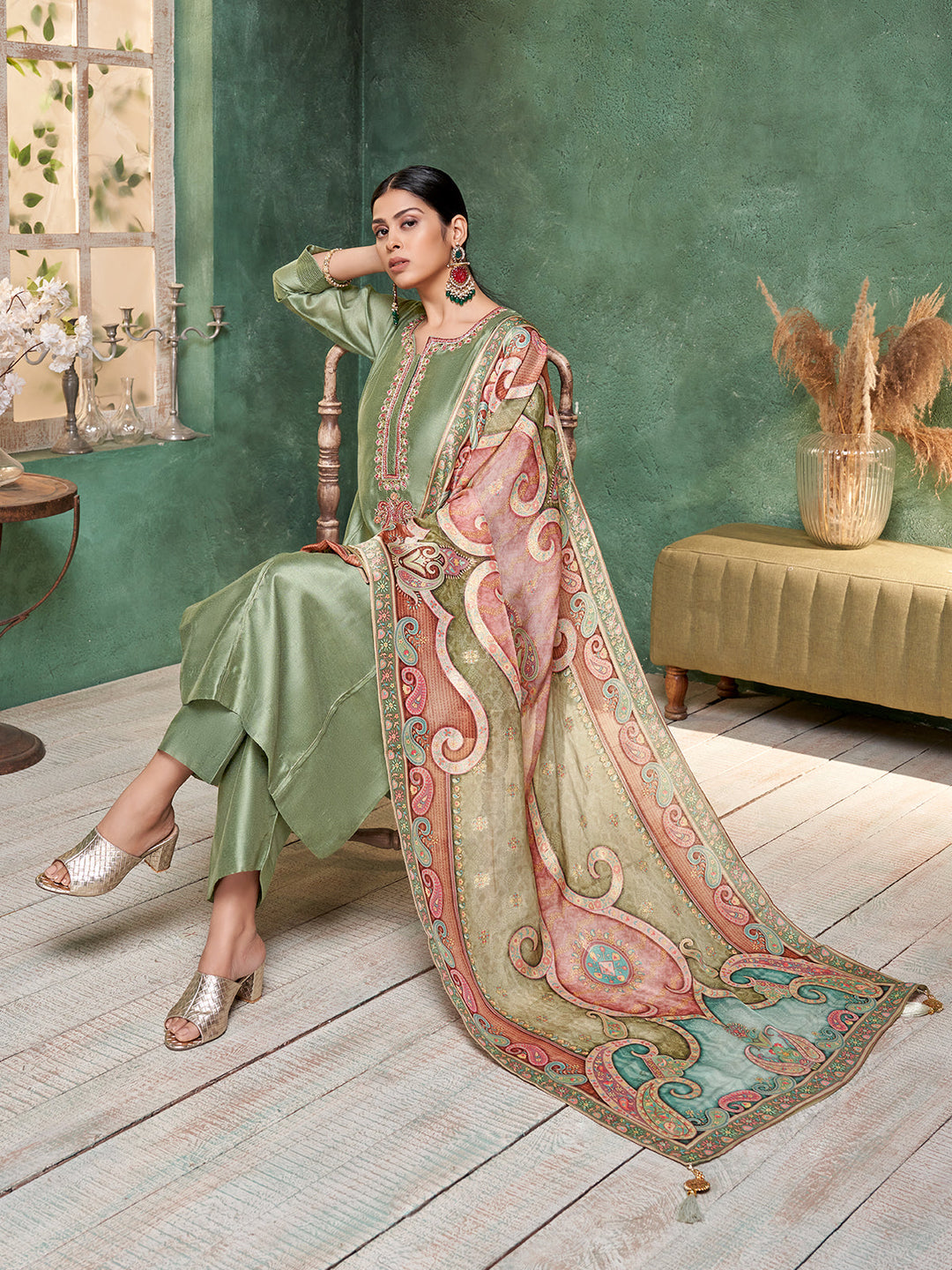 Sage Green Semi Silk Suit Set