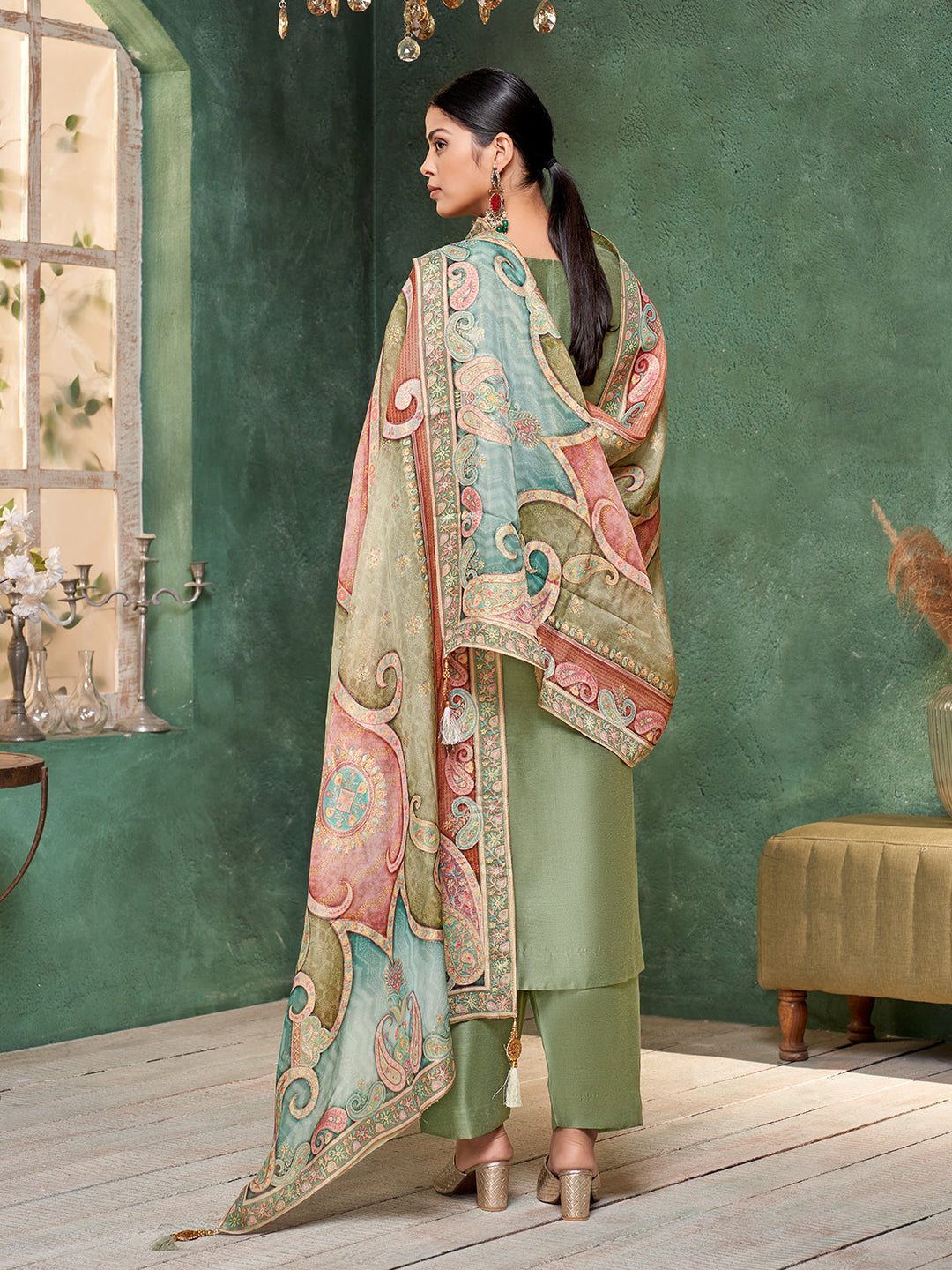 Sage Green Semi Silk Suit Set