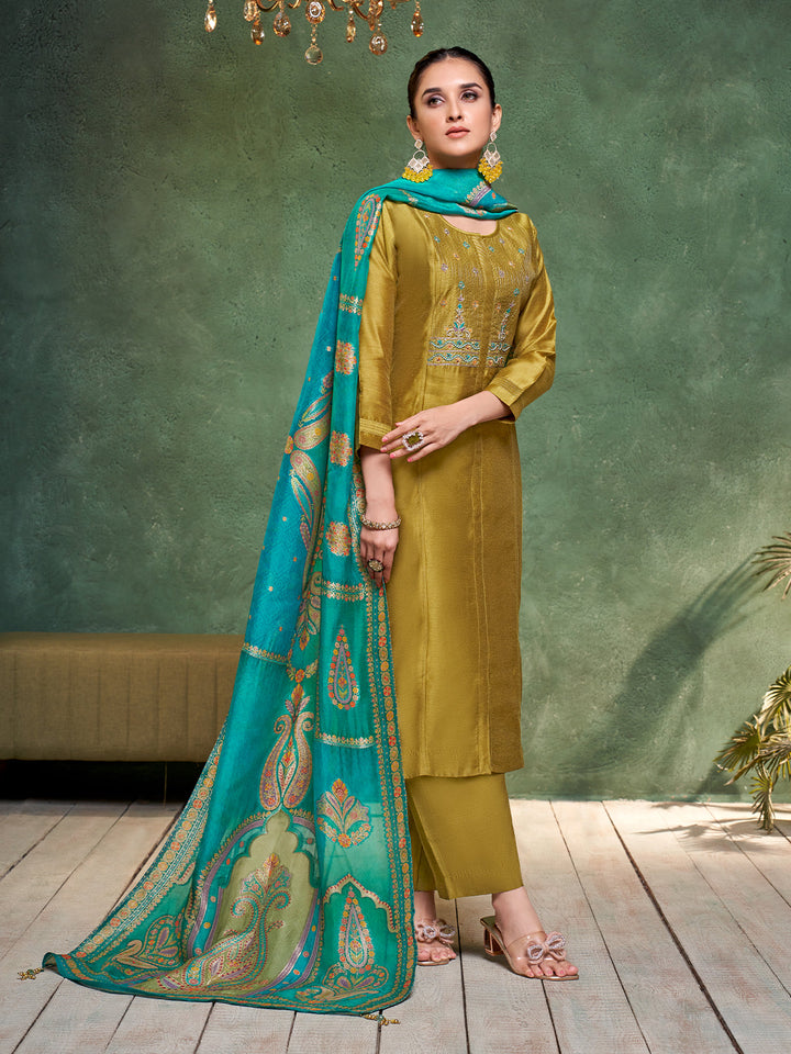 Olive Green Semi Silk Suit Set