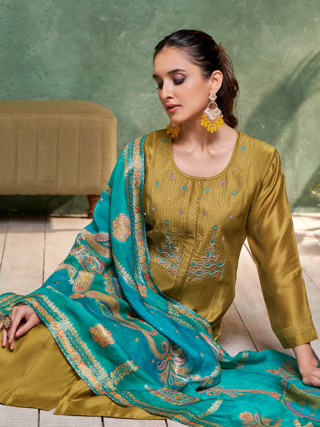 Olive Green Semi Silk Suit Set