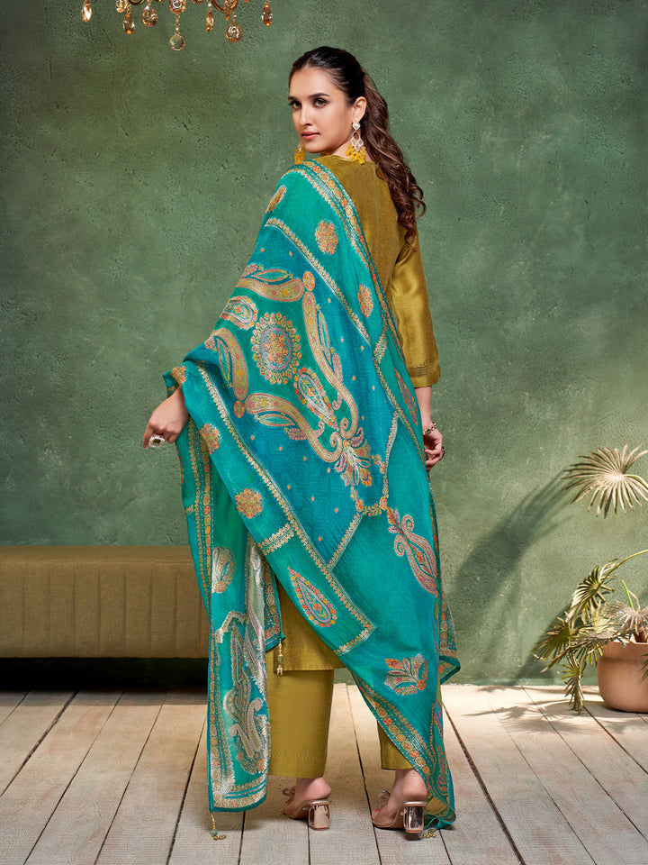 Olive Green Semi Silk Suit Set