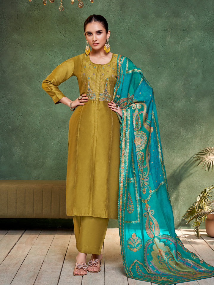 Olive Green Semi Silk Suit Set