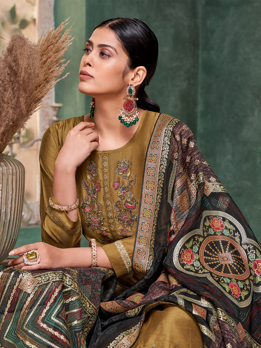 Green Semi Silk Suit Set