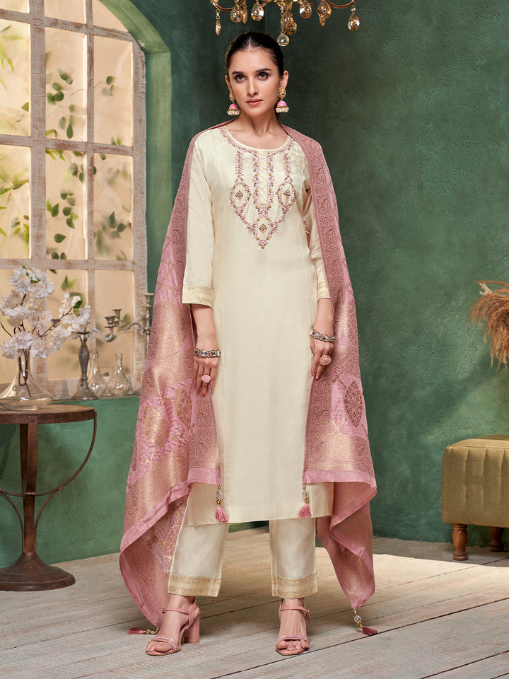 Cream Semi Silk Suit Set