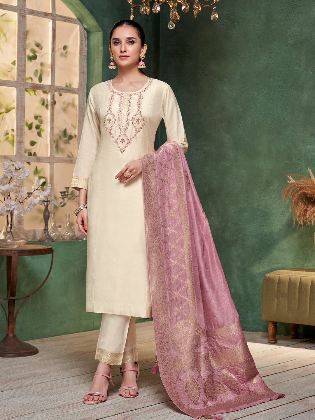 Cream Semi Silk Suit Set