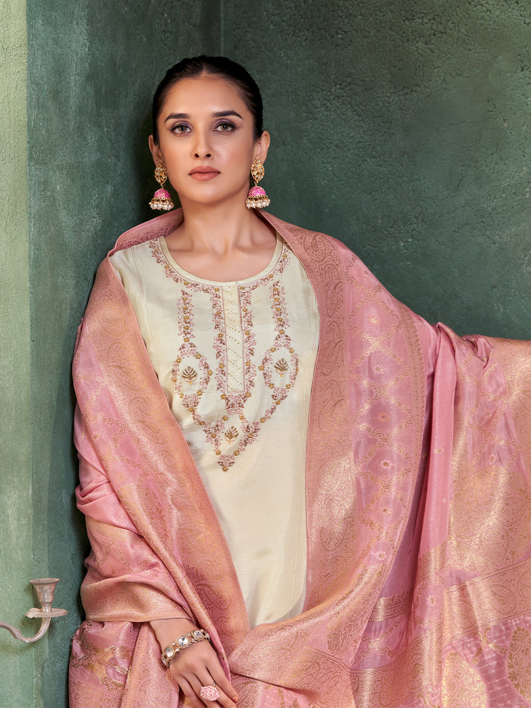 Cream Semi Silk Suit Set