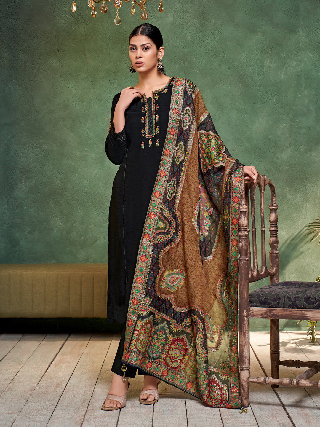 Black Semi Silk Suit Set
