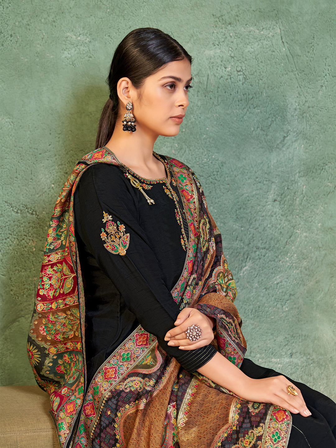 Black Semi Silk Suit Set