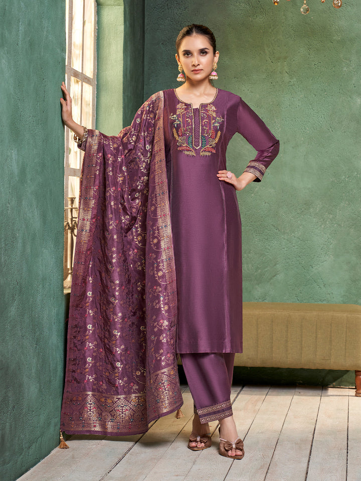 Purple Semi Silk Suit Set