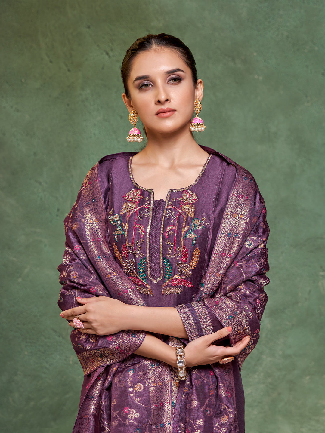 Purple Semi Silk Suit Set
