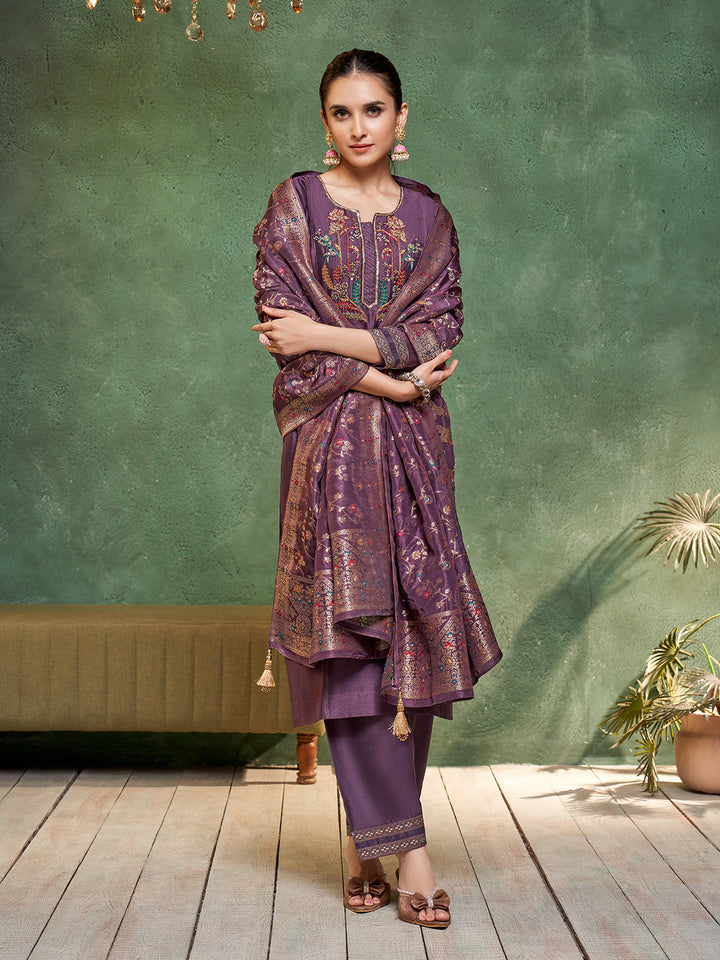 Purple Semi Silk Suit Set