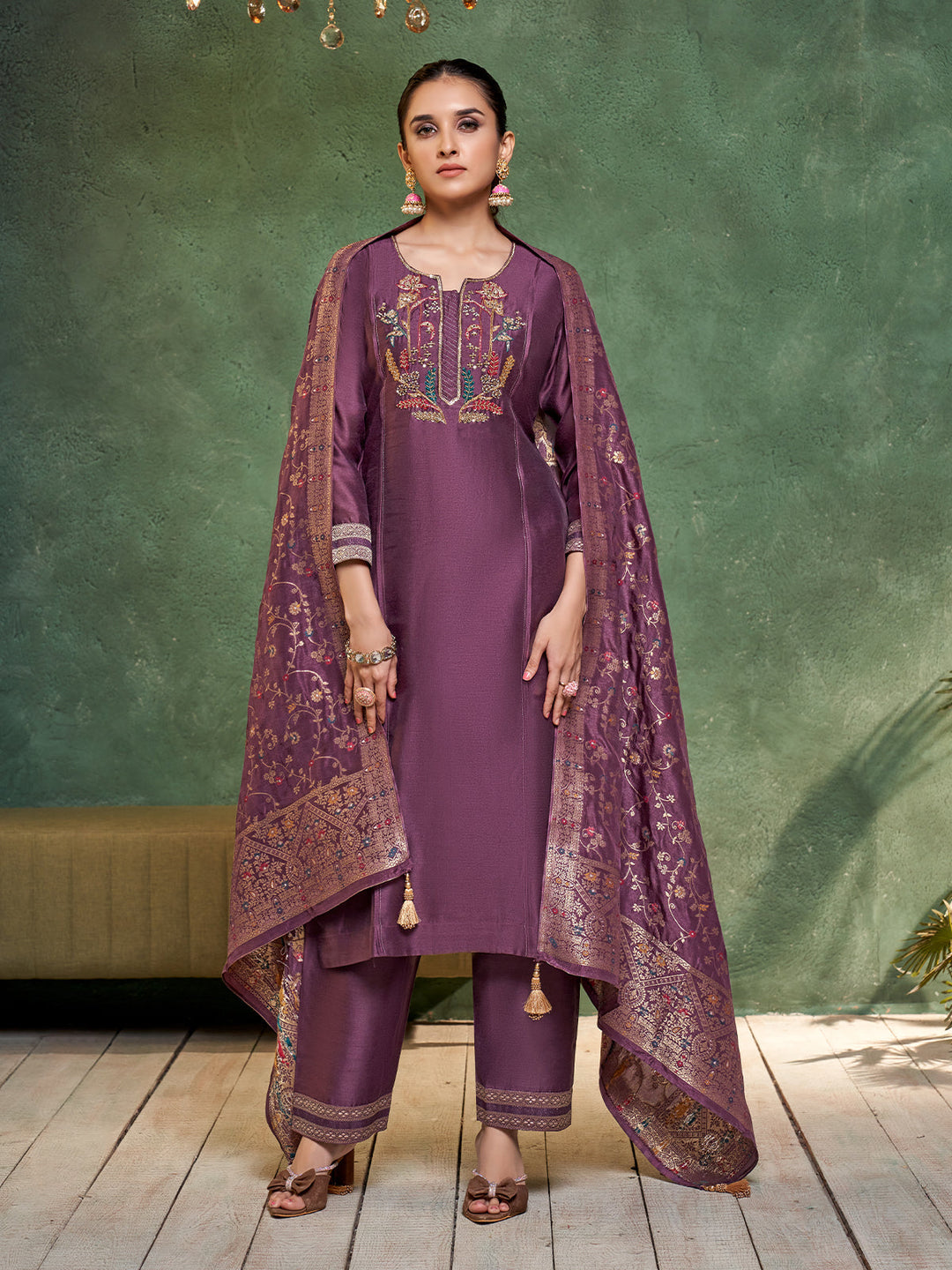 Purple Semi Silk Suit Set