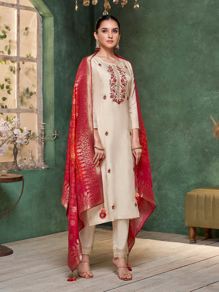 Cream Semi-Silk Suit Set