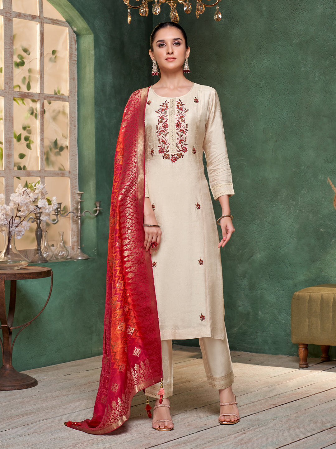 Cream Semi-Silk Suit Set