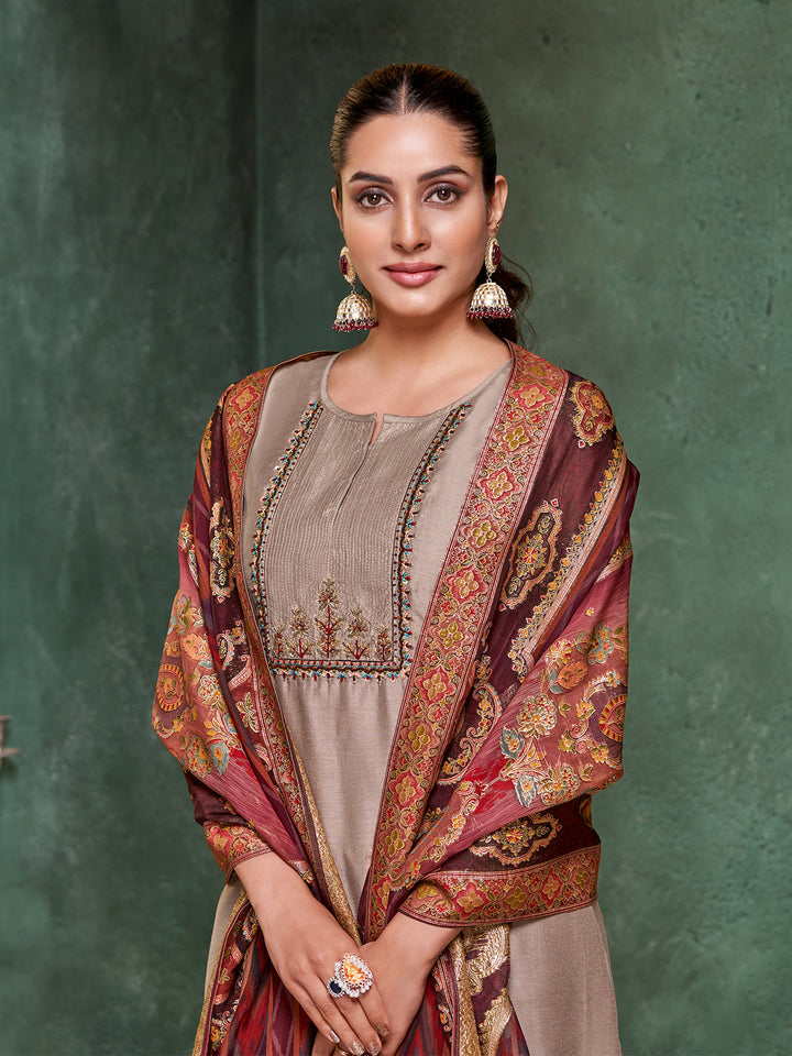 Grey Semi Silk Suit Set
