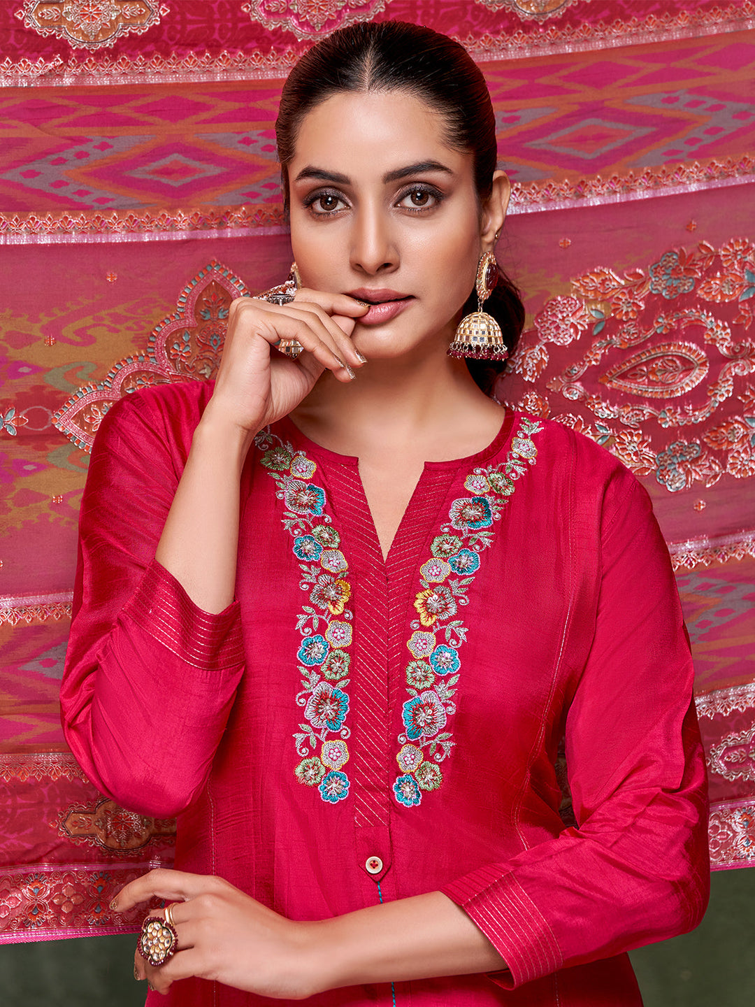 Red Semi Silk Suit Set
