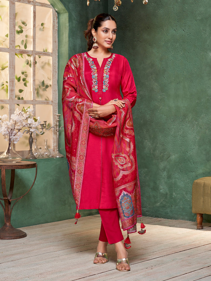 Red Semi Silk Suit Set