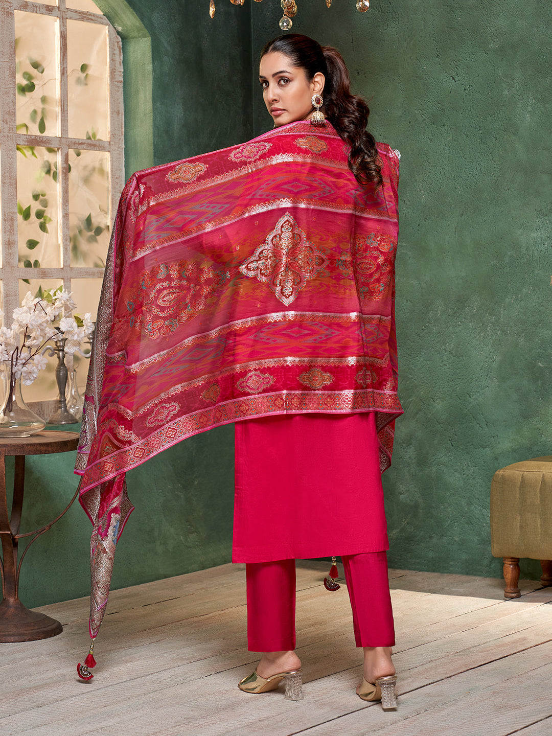 Red Semi Silk Suit Set