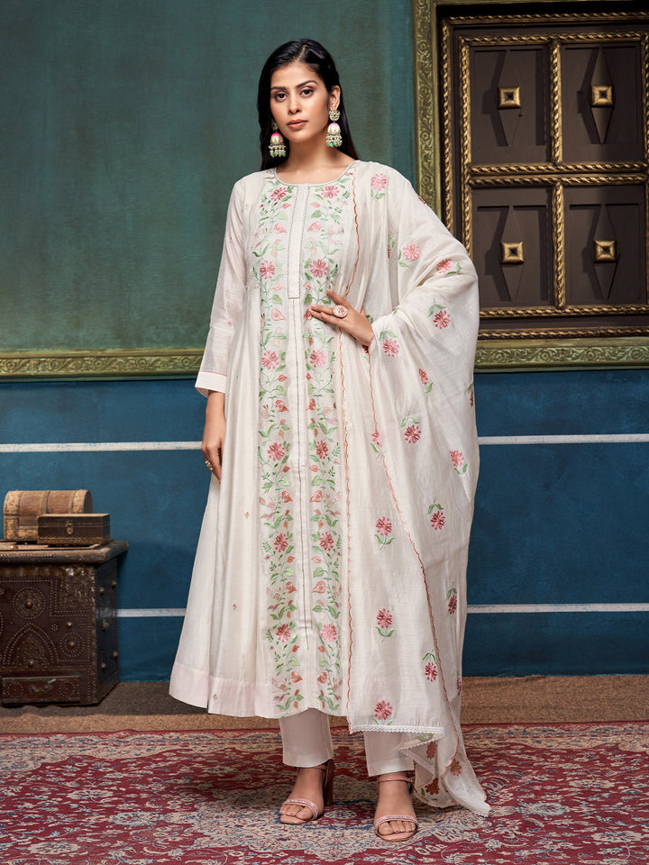 White Chanderi Anarkali Set