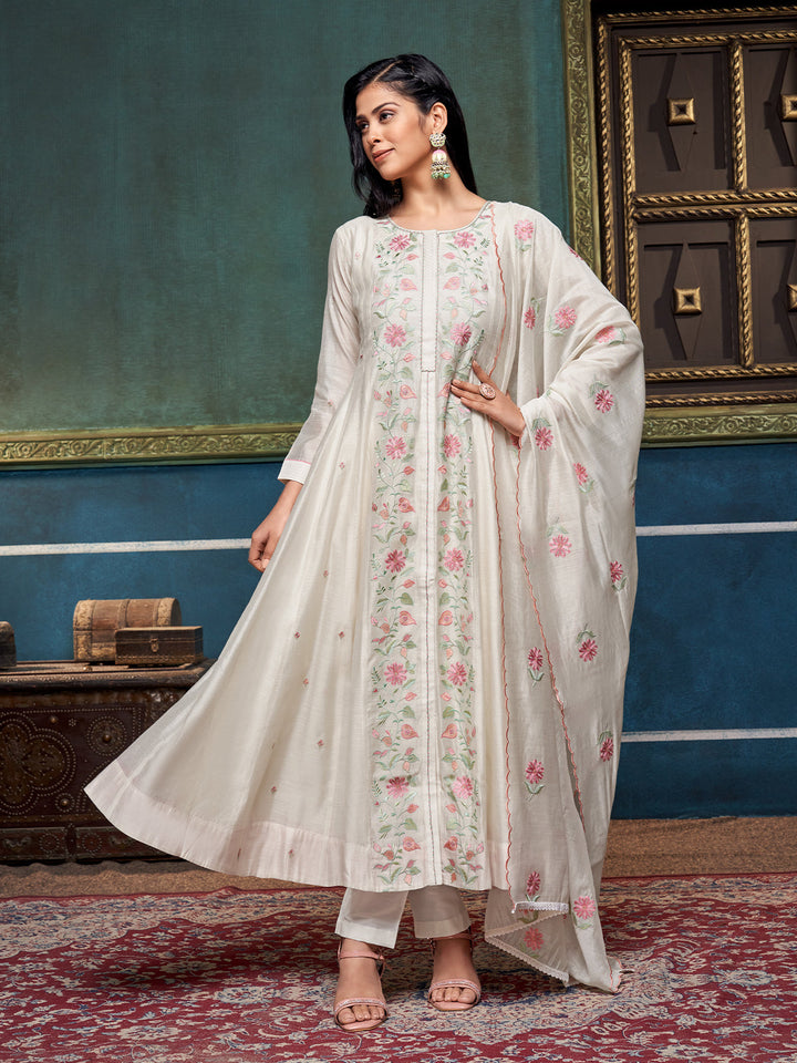 White Chanderi Anarkali Set
