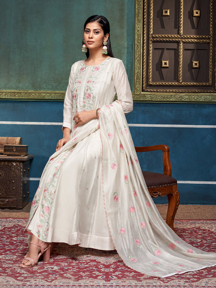 White Chanderi Anarkali Set