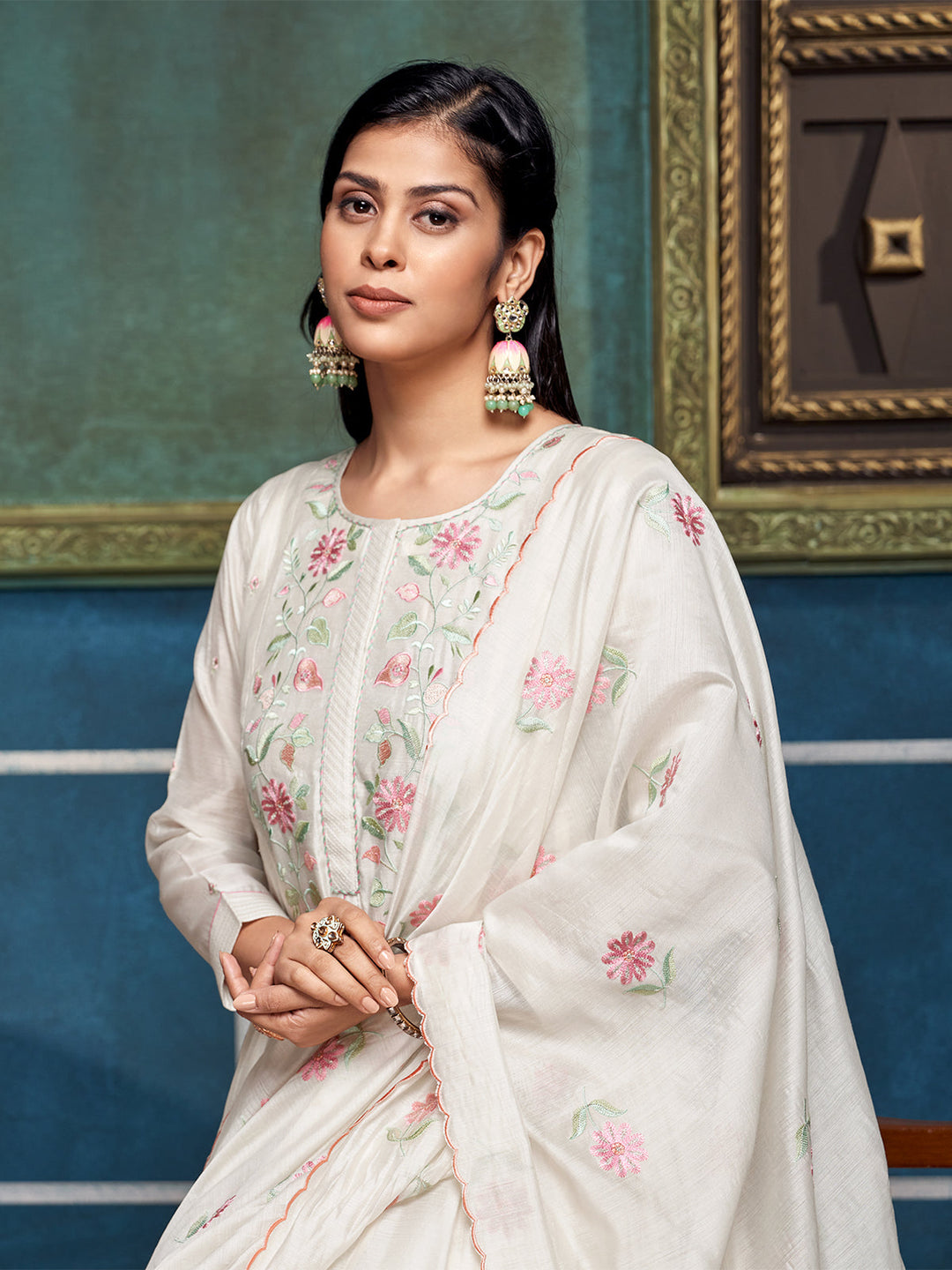 White Chanderi Anarkali Set