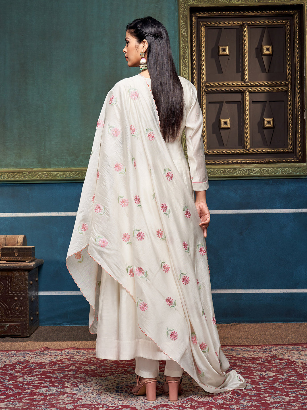 White Chanderi Anarkali Set