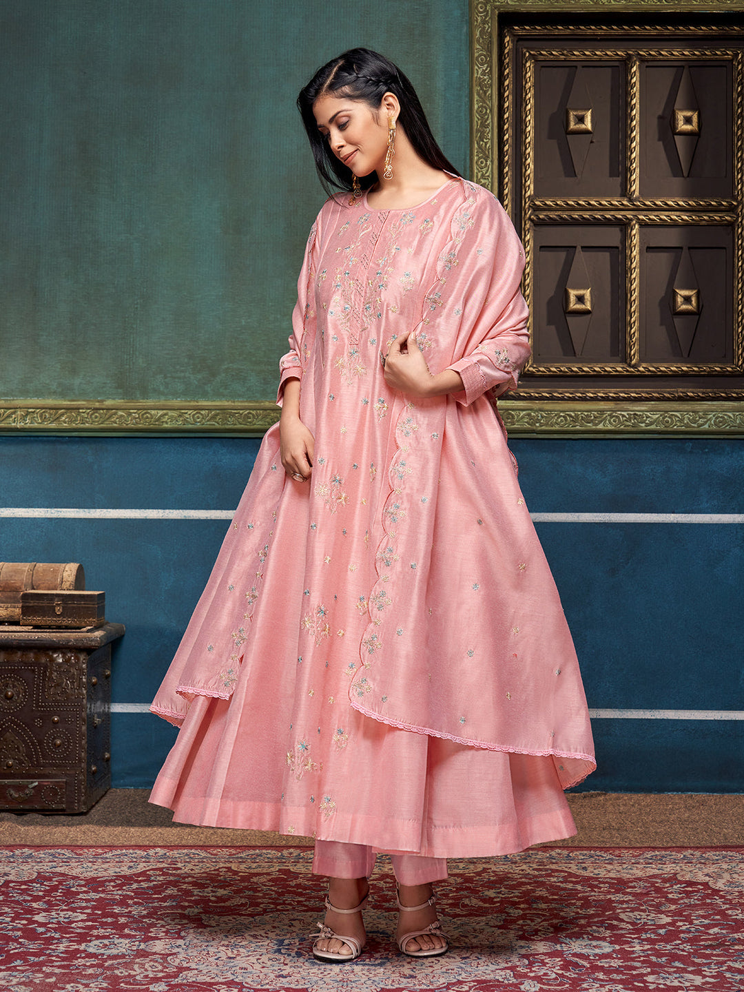 Peach Chanderi Anarkali Set