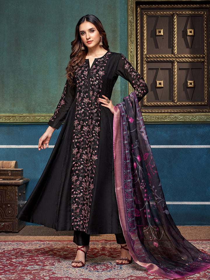 Black Chanderi Anarkali Set
