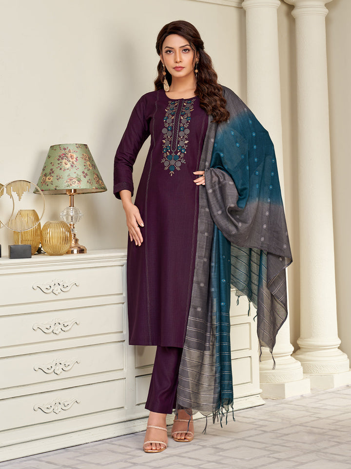 Wine Embroidered Suit Set