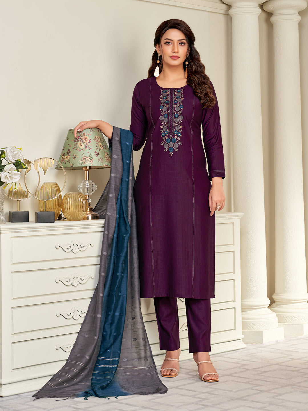 Wine Embroidered Suit Set