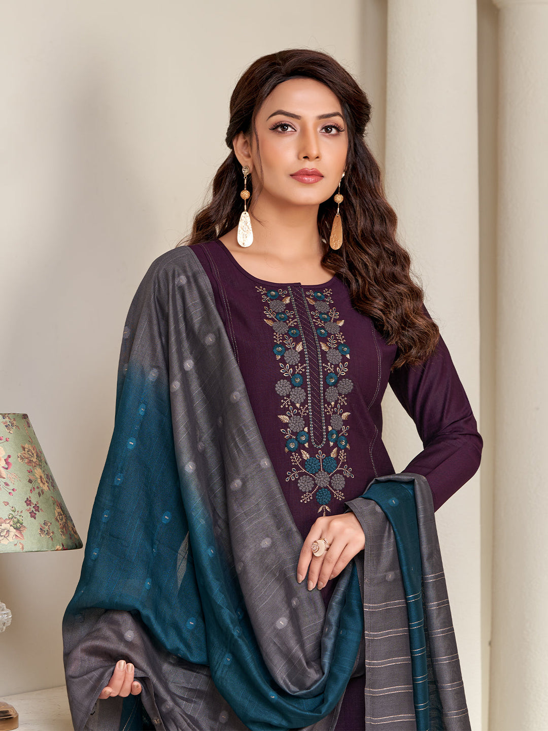 Wine Embroidered Suit Set