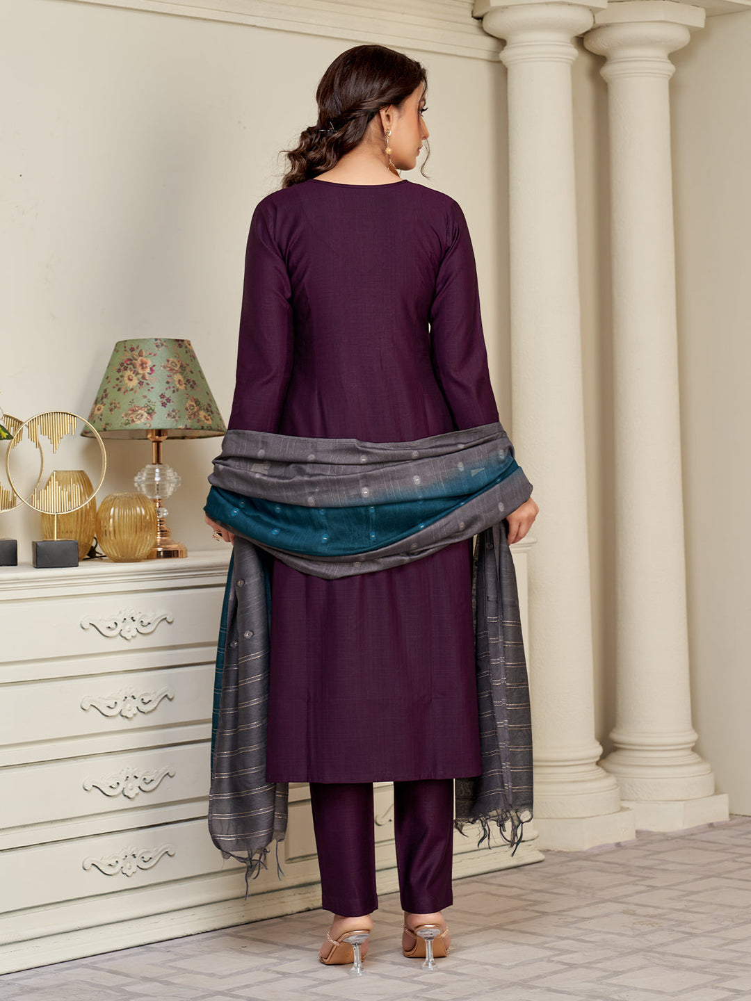 Wine Embroidered Suit Set