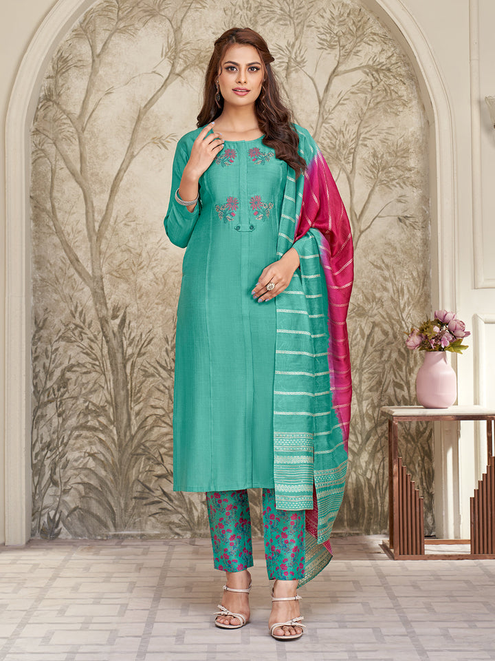 Aqua Blue Embroidered Suit Set