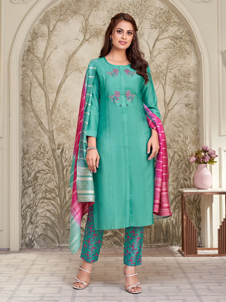 Aqua Blue Embroidered Suit Set
