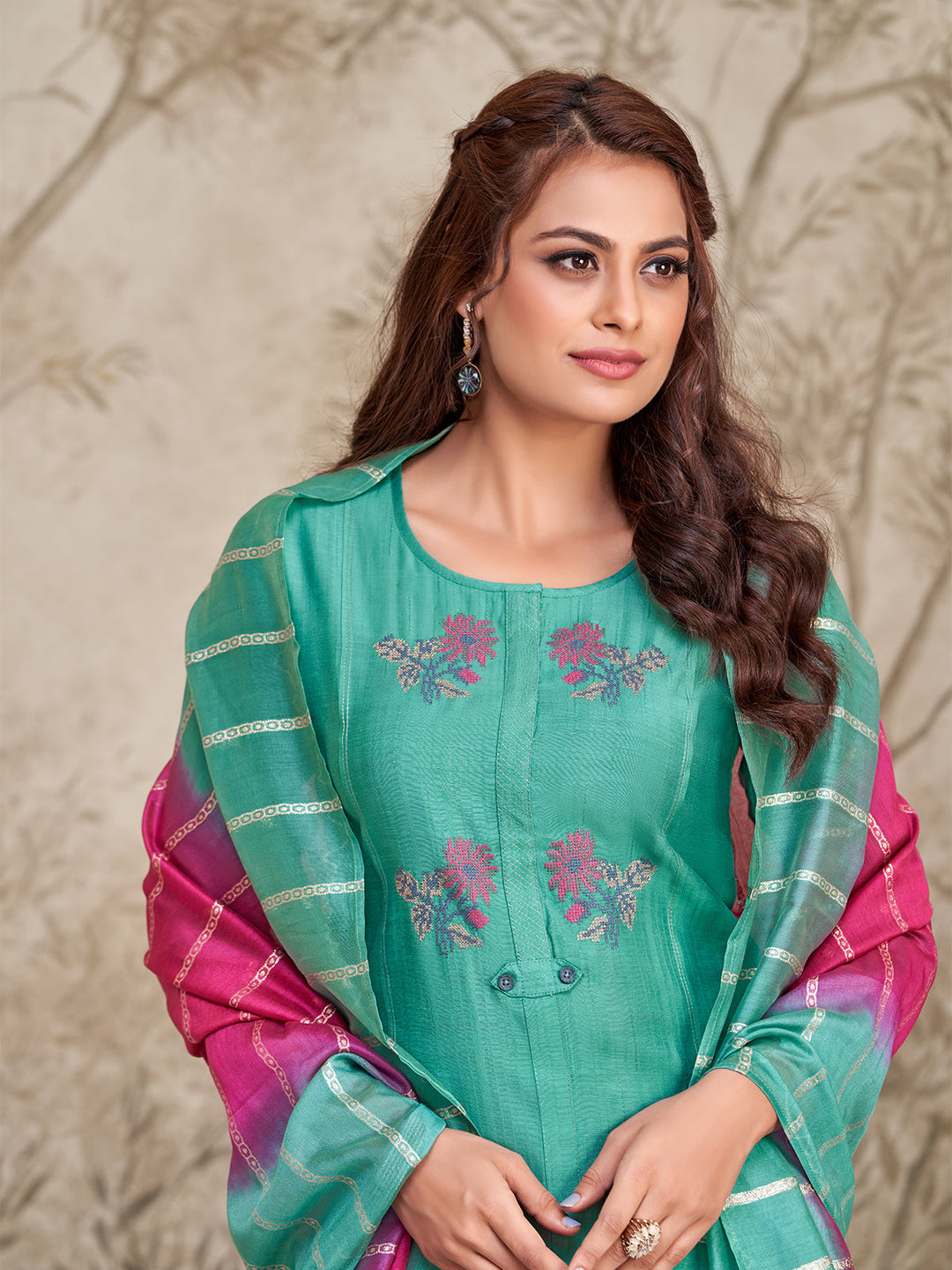 Aqua Blue Embroidered Suit Set