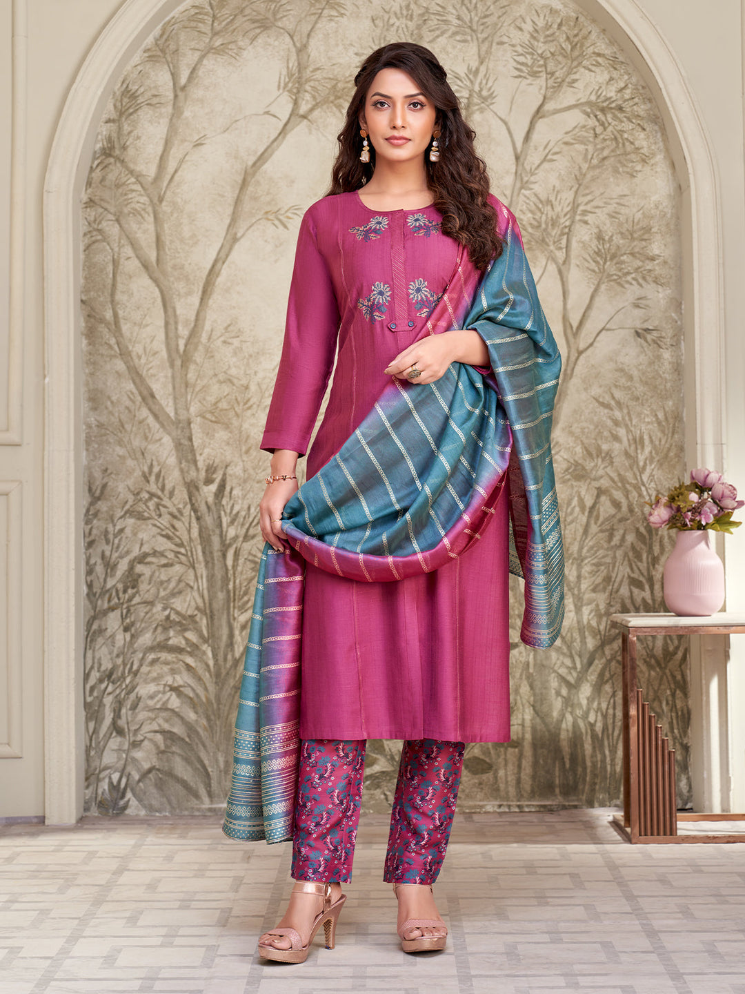 Pink Embroidered Suit Set