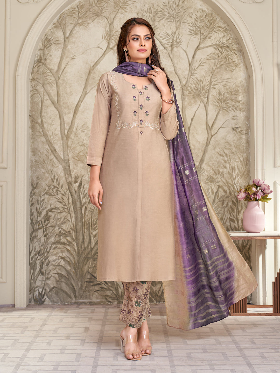 Beige Embroidered Suit Set